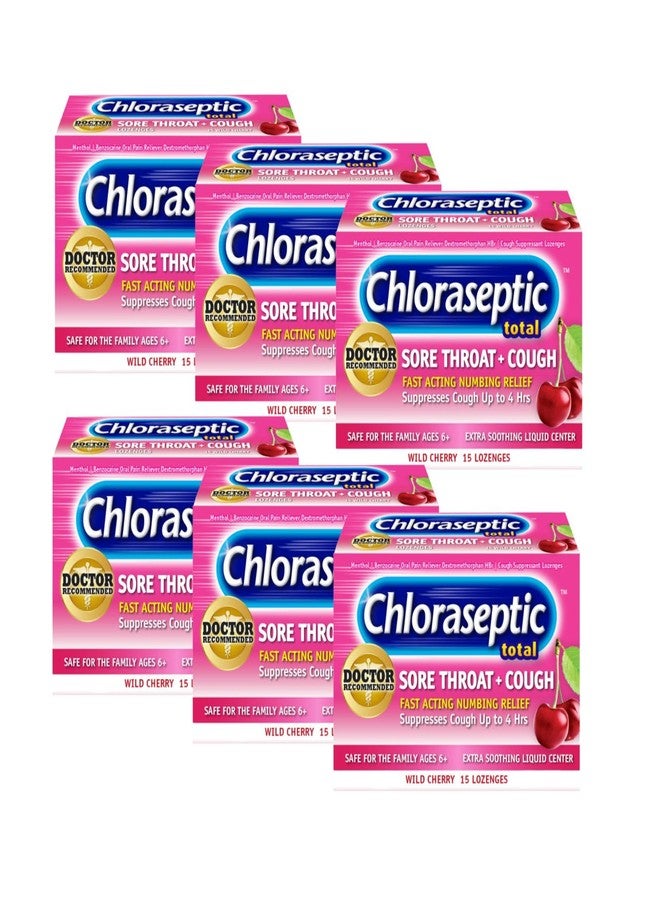 Chloraseptic Sore Throat Lozenges + Cough, Wild Cherry, 15 ct (Pack of 6) - Image 1
